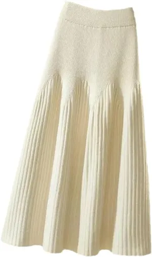 Women Mid-Length Solid Color A-Line Skirt Autumn and Winter All-Match Knitted Pleated Half-Length Skirt