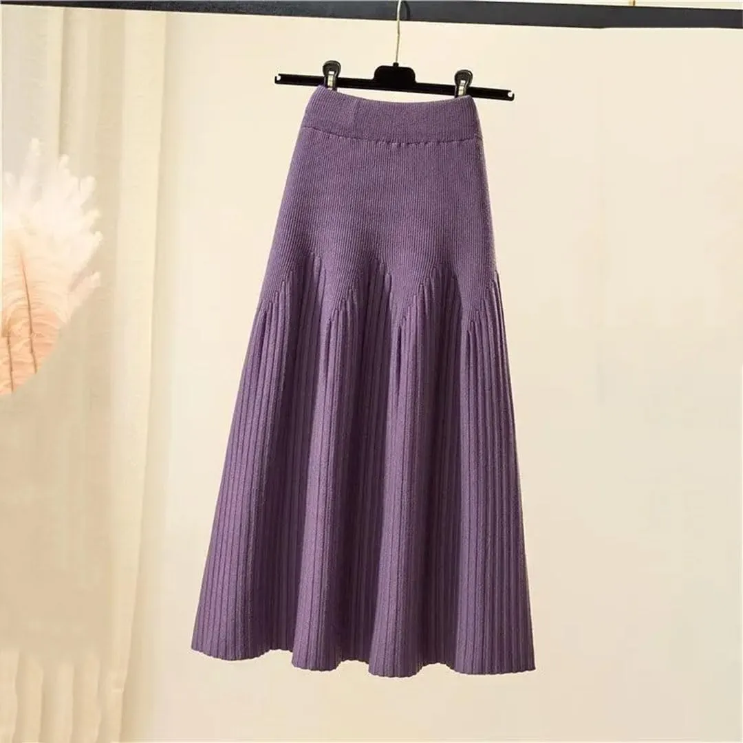 Women Mid-Length Solid Color A-Line Skirt Autumn and Winter All-Match Knitted Pleated Half-Length Skirt