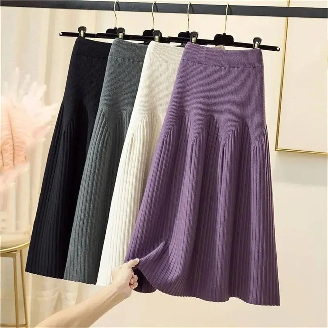 Women Mid-Length Solid Color A-Line Skirt Autumn and Winter All-Match Knitted Pleated Half-Length Skirt