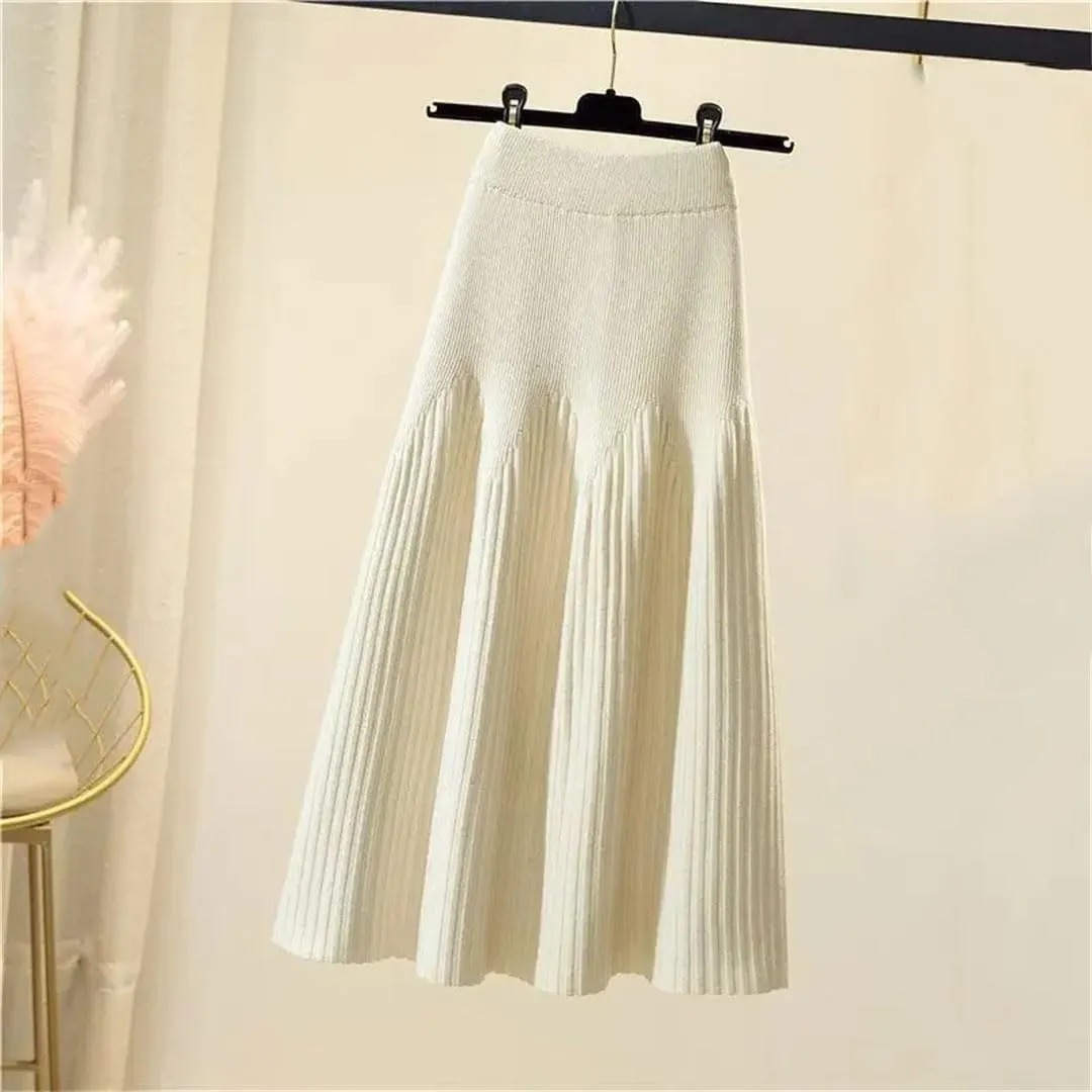 Women Mid-Length Solid Color A-Line Skirt Autumn and Winter All-Match Knitted Pleated Half-Length Skirt