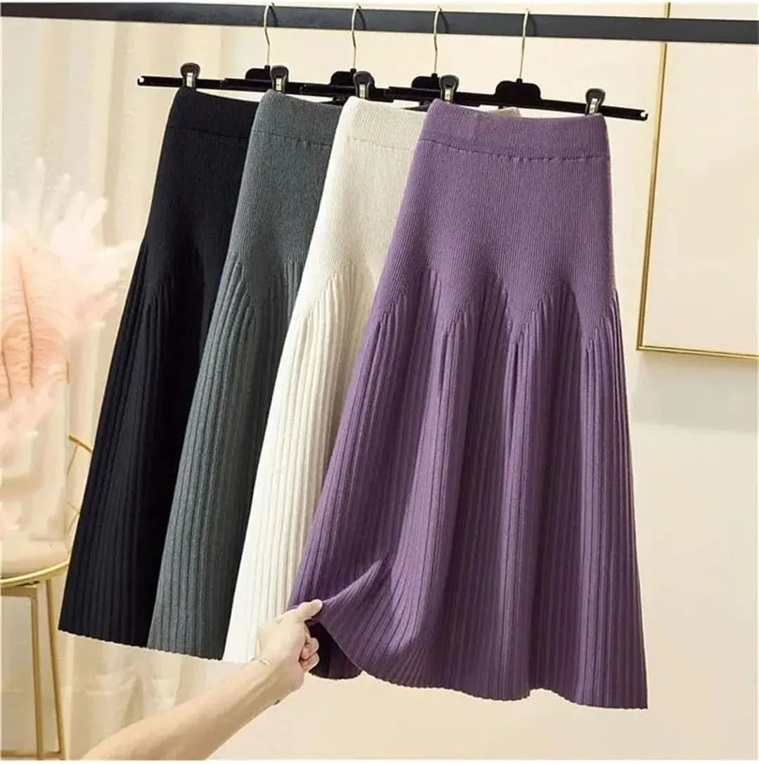 Women Mid-Length Solid Color A-Line Skirt Autumn and Winter All-Match Knitted Pleated Half-Length Skirt