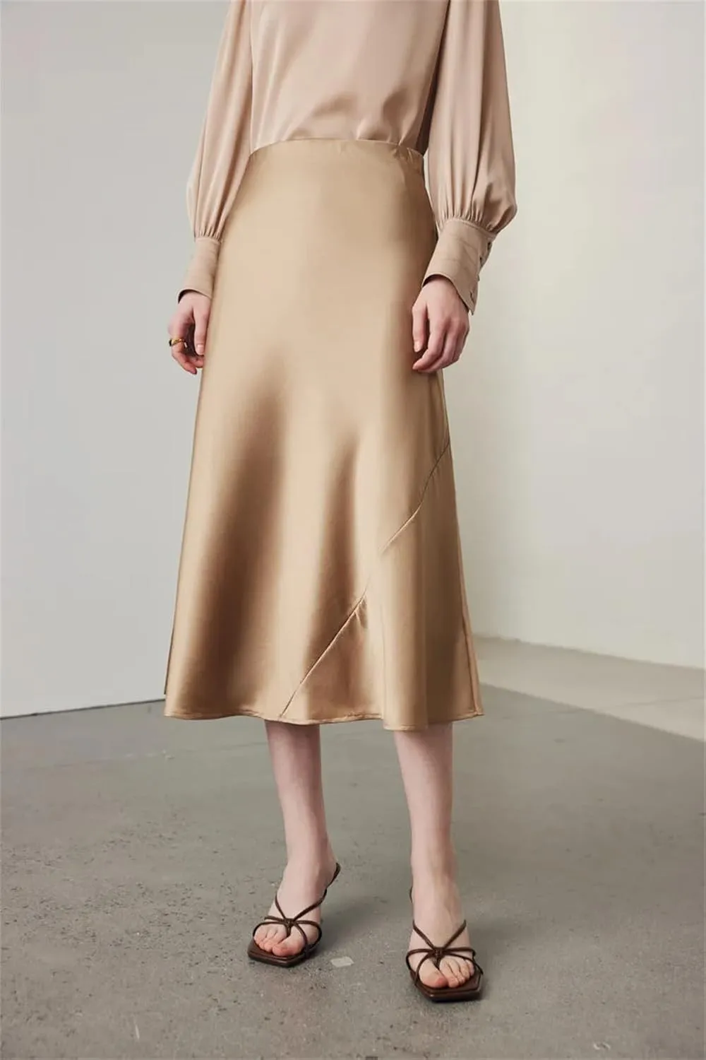 Women Mulberry Silk Midi Skirt A Line Elastic Solid Color Skirts High Waist Loose Hem Skirt
