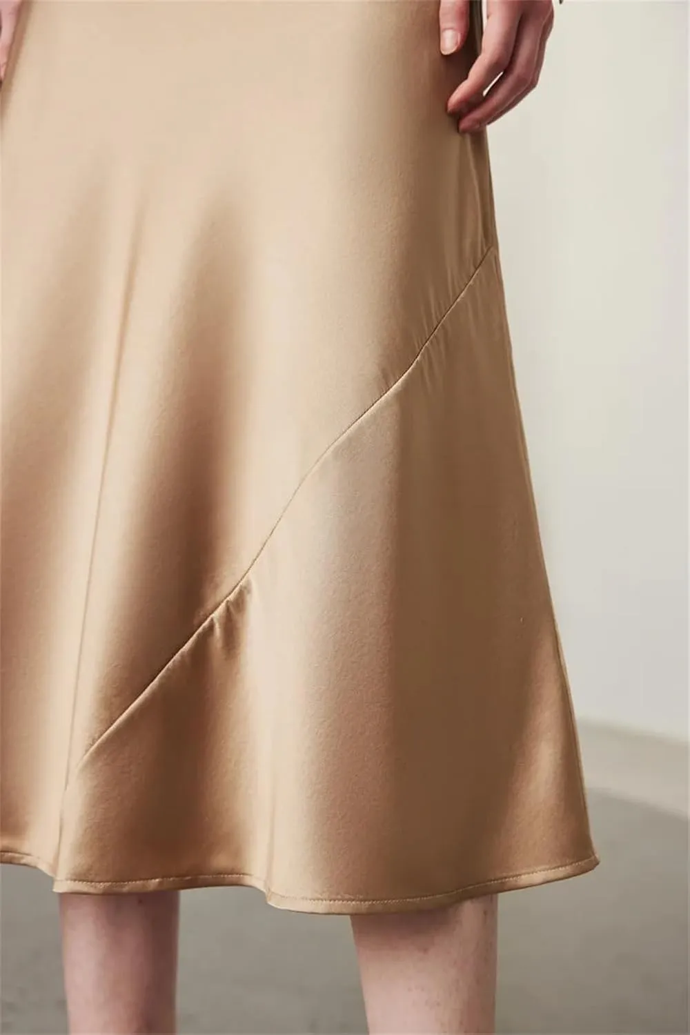 Women Mulberry Silk Midi Skirt A Line Elastic Solid Color Skirts High Waist Loose Hem Skirt