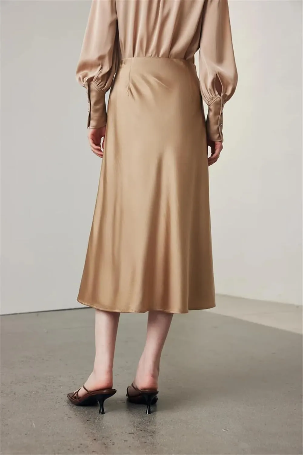 Women Mulberry Silk Midi Skirt A Line Elastic Solid Color Skirts High Waist Loose Hem Skirt