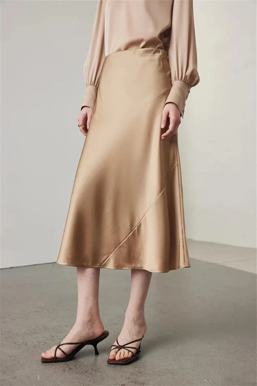 Women Mulberry Silk Midi Skirt A Line Elastic Solid Color Skirts High Waist Loose Hem Skirt