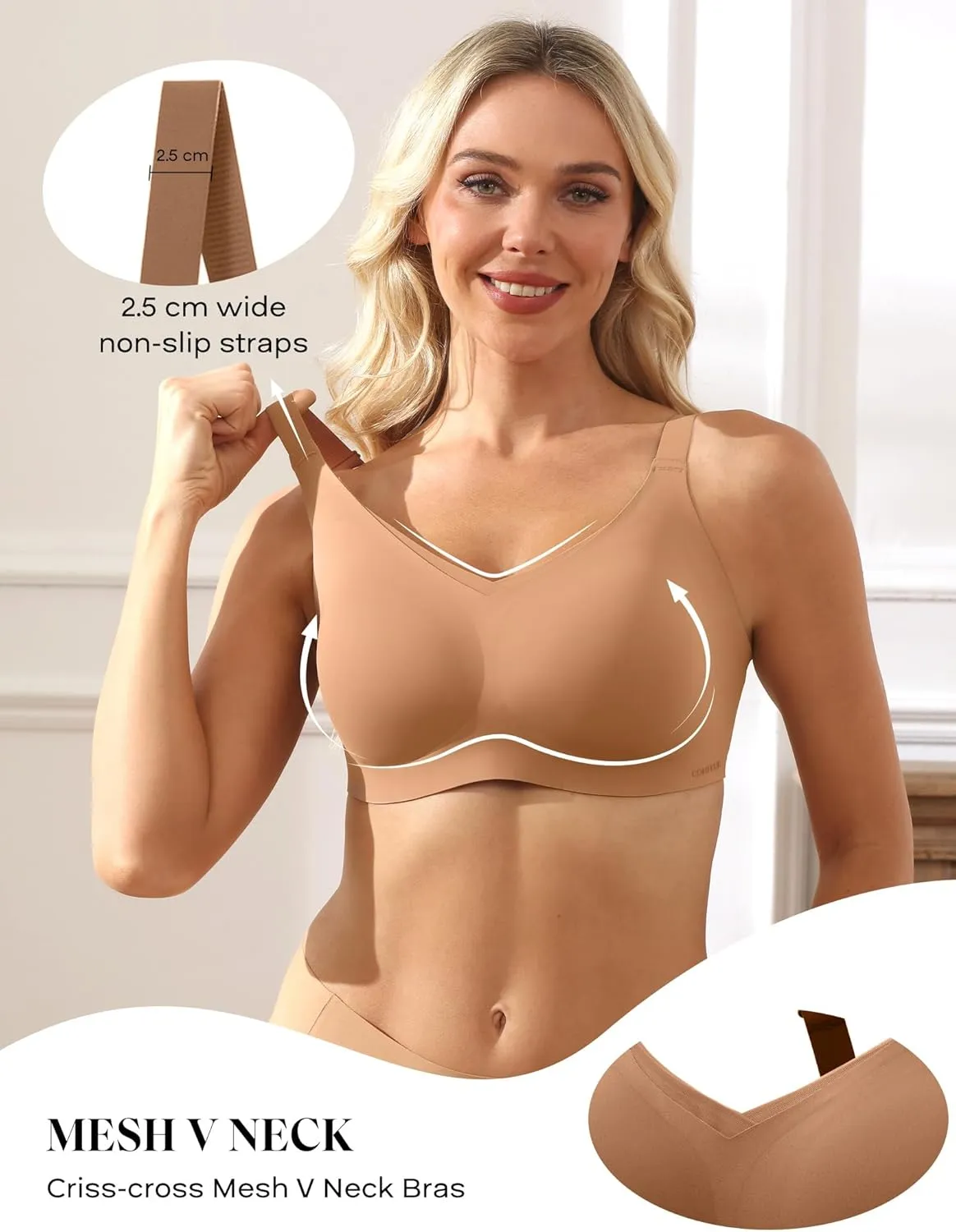 Women No Underwire Bra Comfort Seamless Full Coverage Mesh Bralette Bra with Adjustable Contrast Color Strap S-4XL