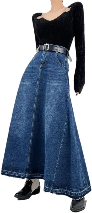 Women Oversized Vintage Denim Skirt Half-Length Skirt for A-Line Loose High-Waisted Floor-Length Skirt