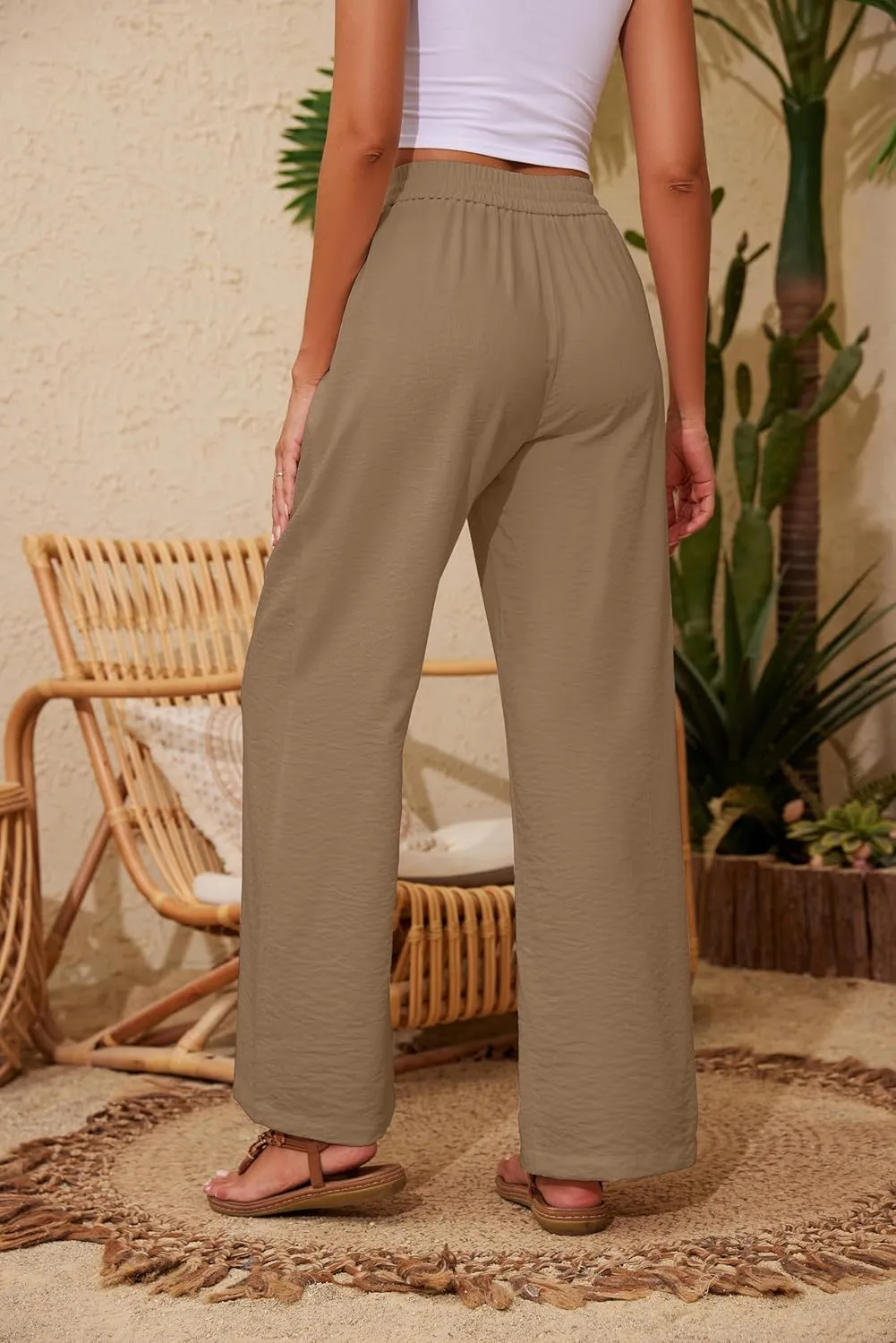 Women Pants Flowy Pants Drawstring Waist Wide Leg Palazzo Beach Pants Loose Fit with Pockets