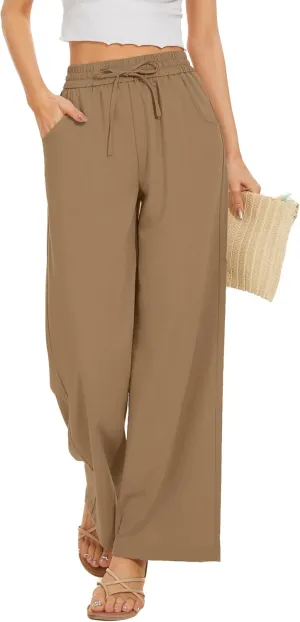 Women Pants Flowy Pants Drawstring Waist Wide Leg Palazzo Beach Pants Loose Fit with Pockets
