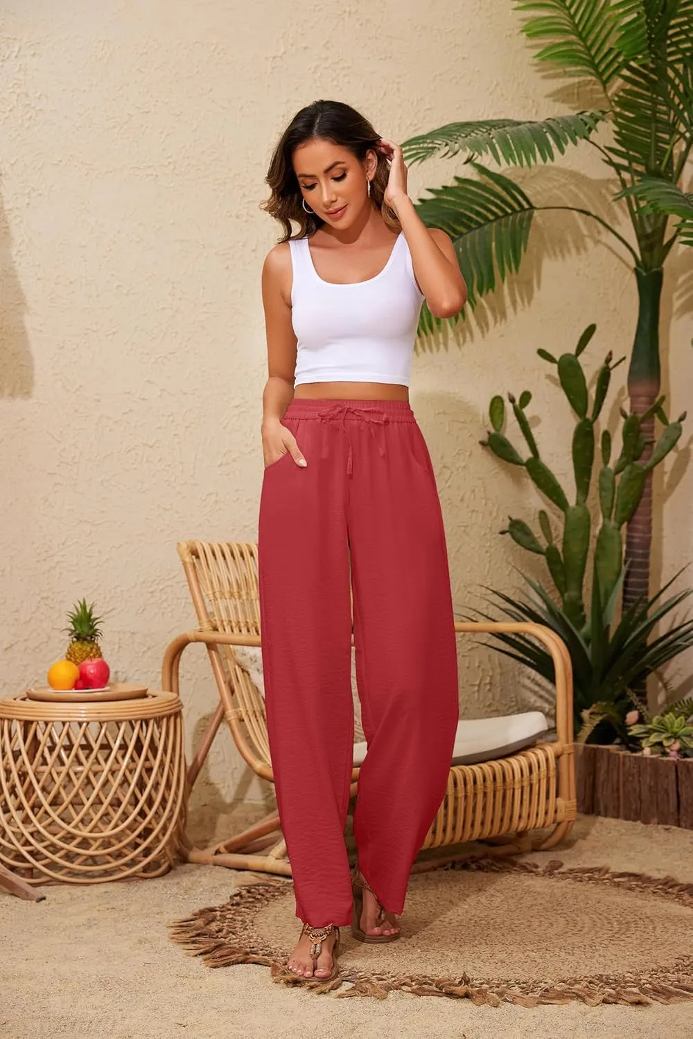 Women Pants Flowy Pants Drawstring Waist Wide Leg Palazzo Beach Pants Loose Fit with Pockets
