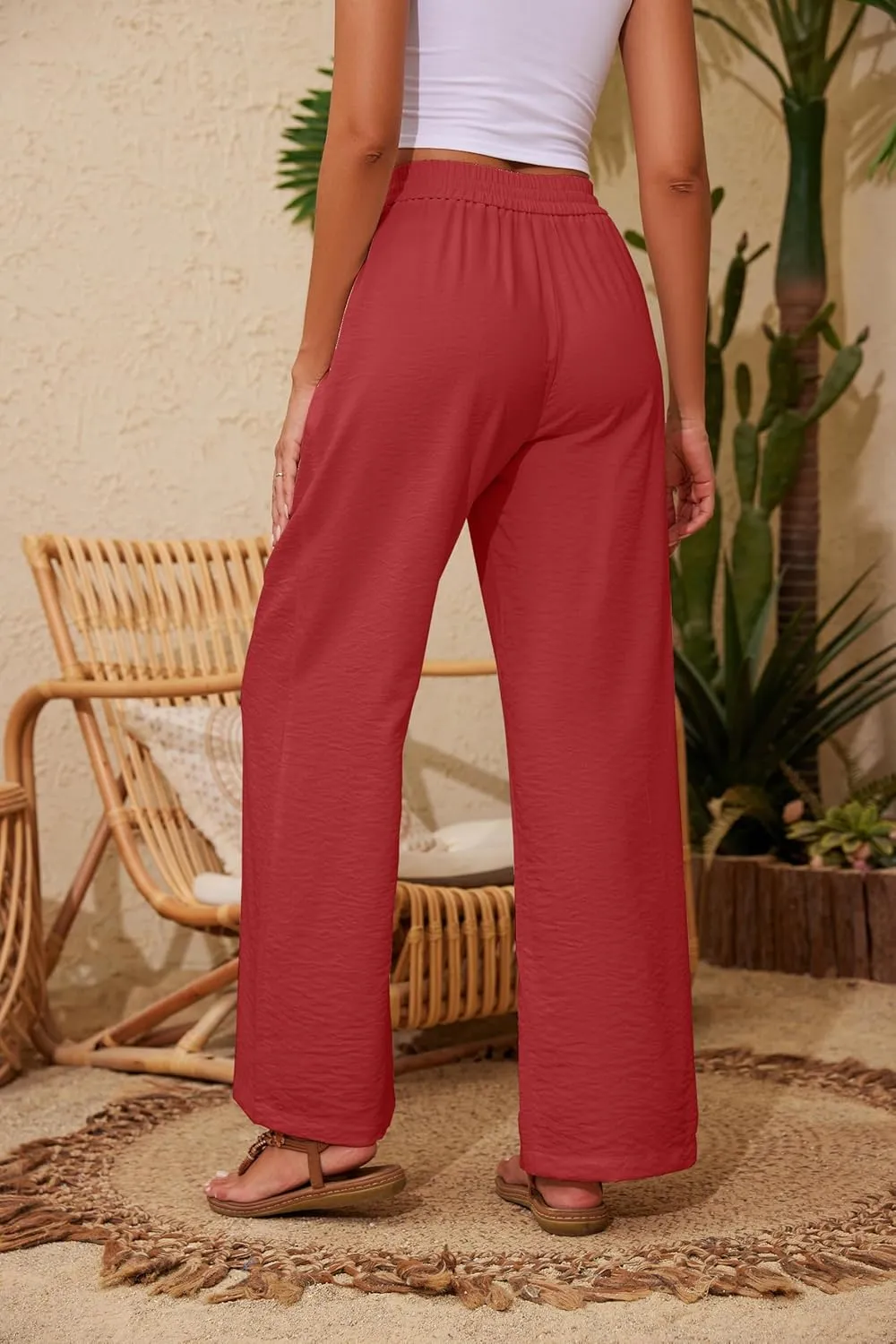 Women Pants Flowy Pants Drawstring Waist Wide Leg Palazzo Beach Pants Loose Fit with Pockets
