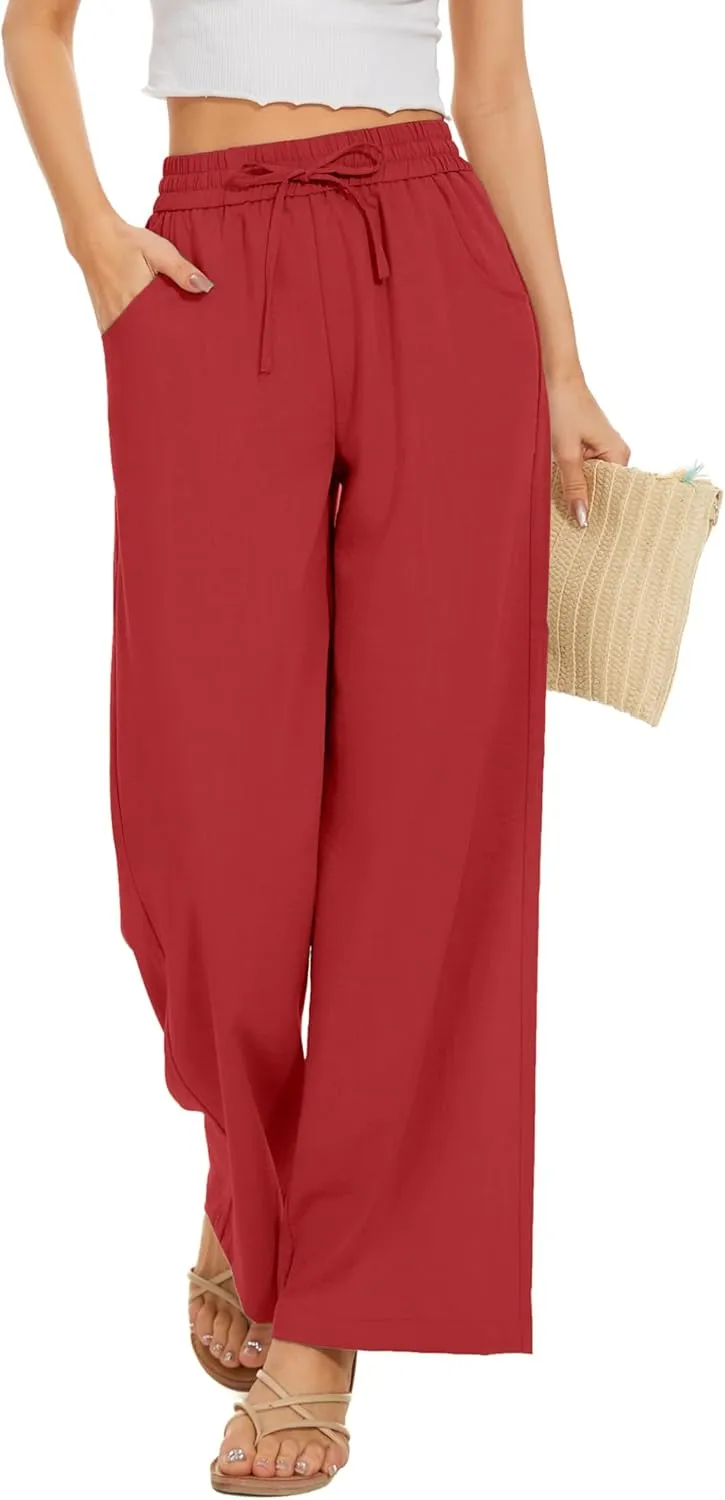 Women Pants Flowy Pants Drawstring Waist Wide Leg Palazzo Beach Pants Loose Fit with Pockets