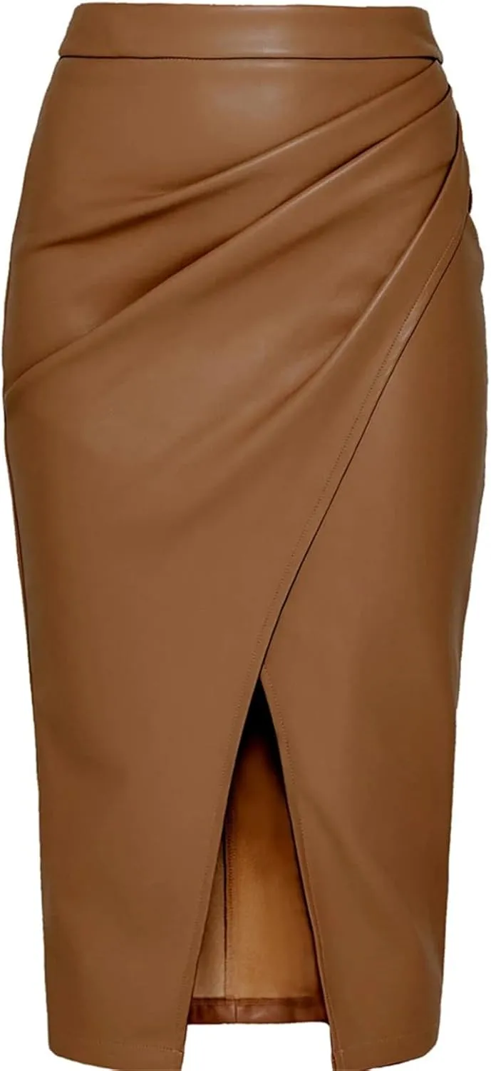 Women PU Leather Skirts A Line High Waist Fold Jeans Leather Mid Skirt Black Long Skirt