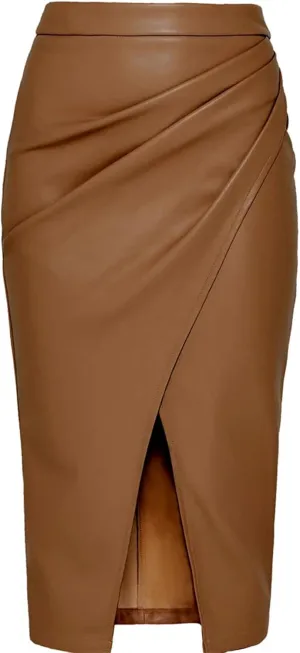 Women PU Leather Skirts A Line High Waist Fold Jeans Leather Mid Skirt Black Long Skirt