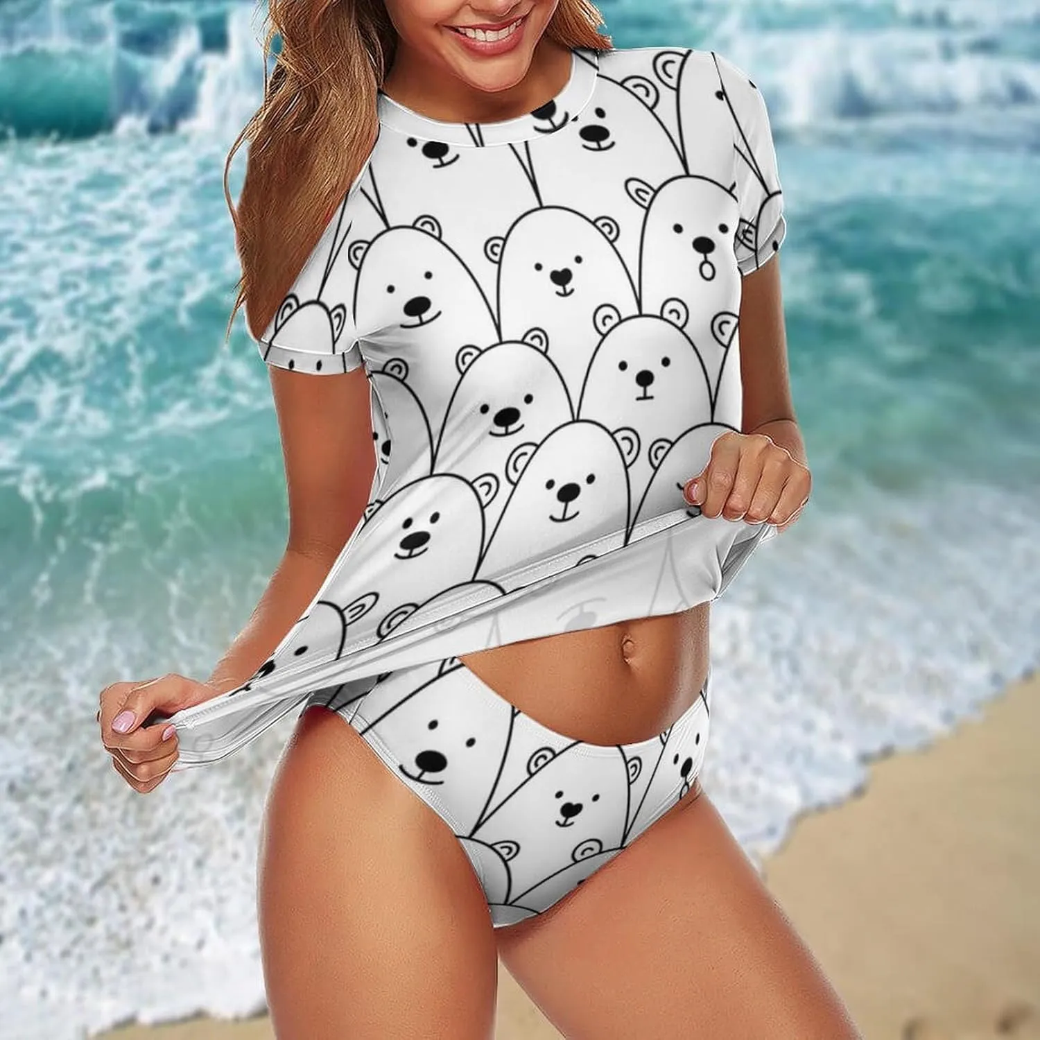 Women Short Sleeve Rash Guard Sun Protection Swim Shirts and Bottom