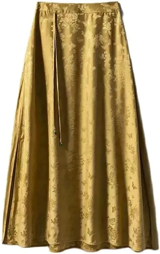 Women Silk Elegant Skirts High Waist Jacquard Skirts Chinese A-Line Floral Midi Skirt