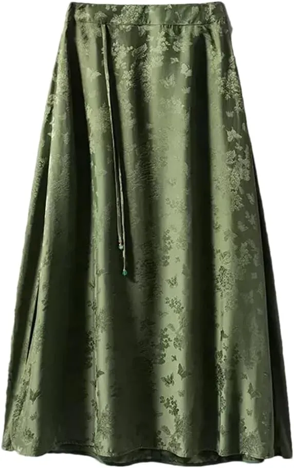 Women Silk Elegant Skirts High Waist Jacquard Skirts Chinese A-Line Floral Midi Skirt