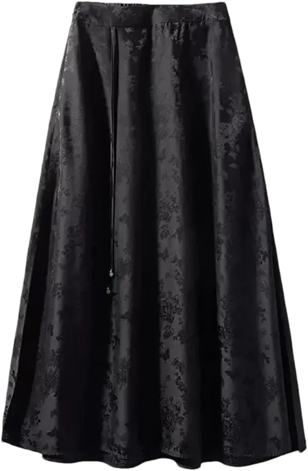 Women Silk Elegant Skirts High Waist Jacquard Skirts Chinese A-Line Floral Midi Skirt