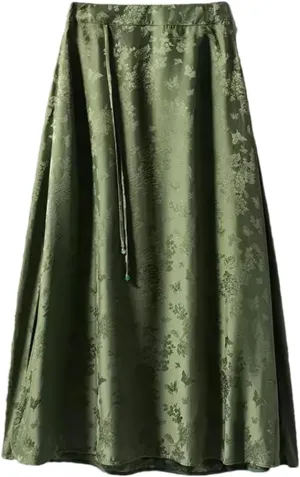 Women Silk Elegant Skirts High Waist Jacquard Skirts Chinese A-Line Floral Midi Skirt