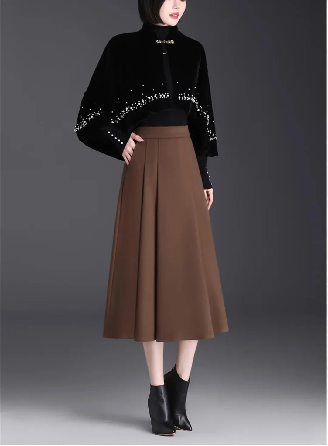 Women Split Joint Pleated Skirt Slim Solid A-Line Midi