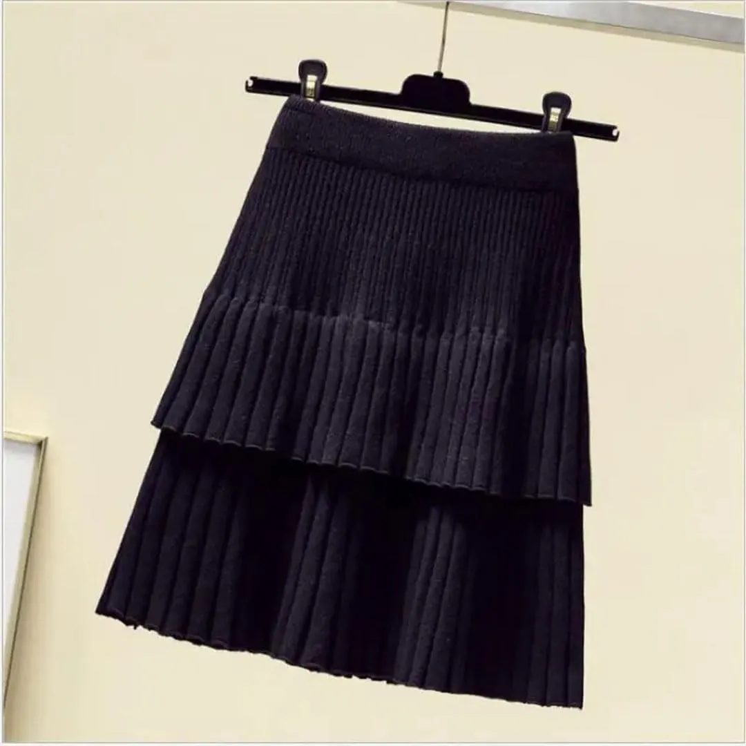 Women Spring Autumn Korean Style Knitted Skirt Elastic Waistline High Waist Stitching Cake Pleated Skirt