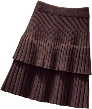 Women Spring Autumn Korean Style Knitted Skirt Elastic Waistline High Waist Stitching Cake Pleated Skirt