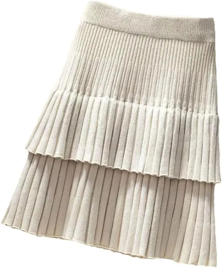 Women Spring Autumn Korean Style Knitted Skirt Elastic Waistline High Waist Stitching Cake Pleated Skirt