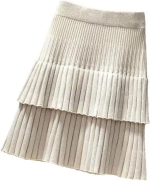 Women Spring Autumn Korean Style Knitted Skirt Elastic Waistline High Waist Stitching Cake Pleated Skirt