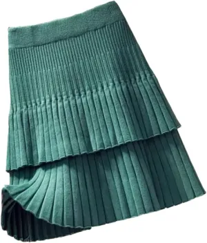 Women Spring Autumn Korean Style Knitted Skirt Elastic Waistline High Waist Stitching Cake Pleated Skirt