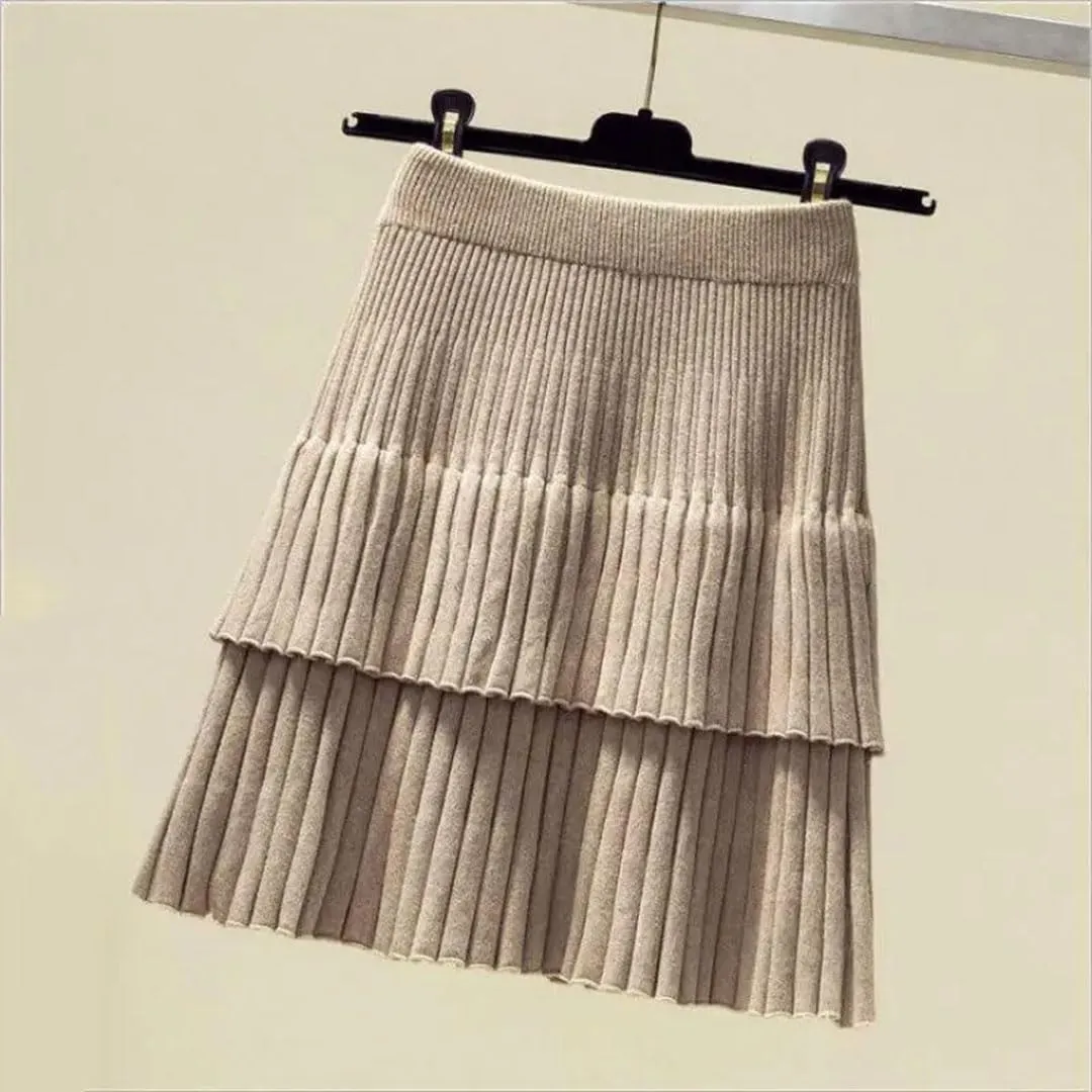 Women Spring Autumn Korean Style Knitted Skirt Elastic Waistline High Waist Stitching Cake Pleated Skirt