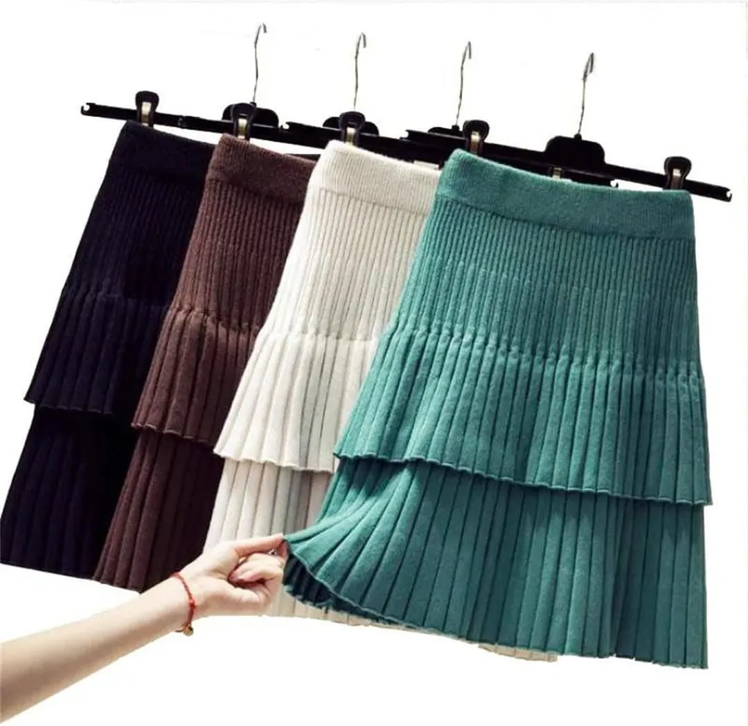 Women Spring Autumn Korean Style Knitted Skirt Elastic Waistline High Waist Stitching Cake Pleated Skirt