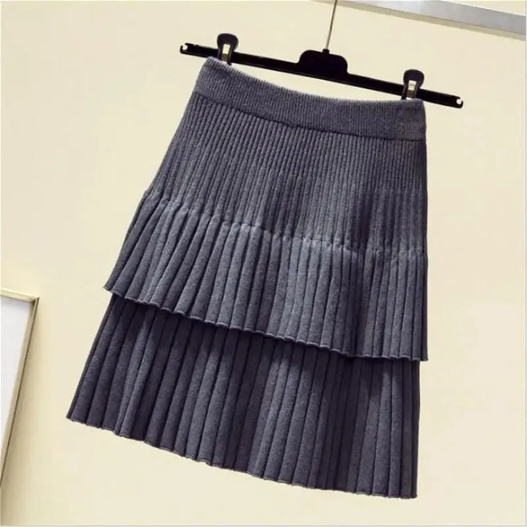 Women Spring Autumn Korean Style Knitted Skirt Elastic Waistline High Waist Stitching Cake Pleated Skirt