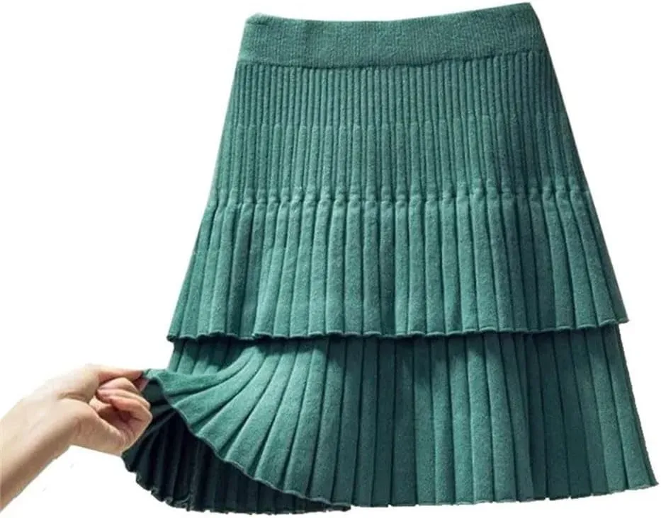 Women Spring Autumn Korean Style Knitted Skirt Elastic Waistline High Waist Stitching Cake Pleated Skirt