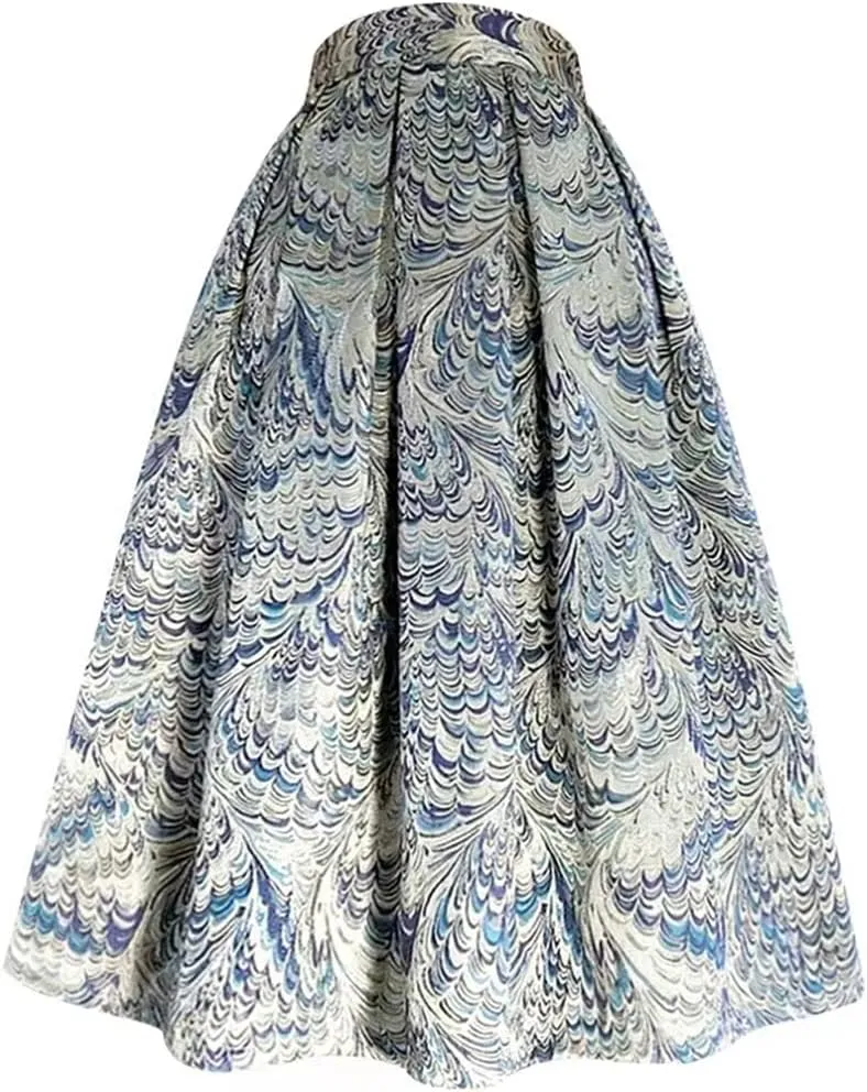 Women Spring Autumn Silver Paisley High Waist Pleated Long Puffy Midi Skirt