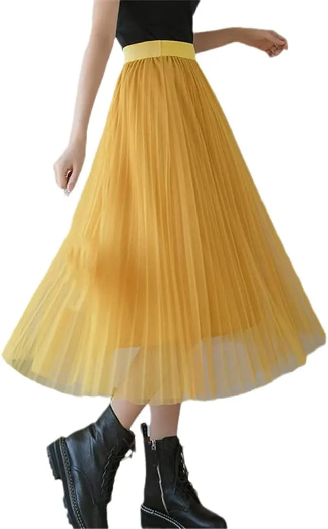 Women Tulle Pleated Skirt, High Waist Mesh Midi Skirt, Black White Pink Sweet Fairy Skirts