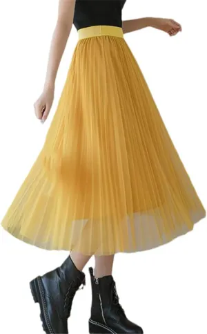 Women Tulle Pleated Skirt, High Waist Mesh Midi Skirt, Black White Pink Sweet Fairy Skirts