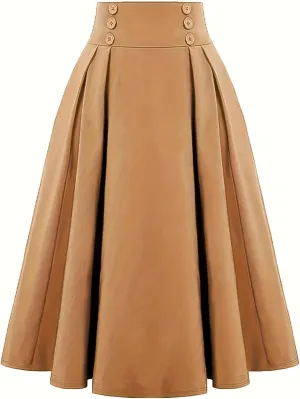 Women Vintage A-Line Skirt High Waist Pleated Skirt Button Decor Midi Flared Skirts