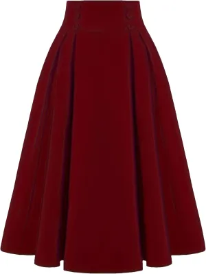 Women Vintage A-Line Skirt High Waist Pleated Skirt Button Decor Midi Flared Skirts