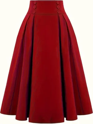 Women Vintage A-Line Skirt High Waist Pleated Skirt Button Decor Midi Flared Skirts