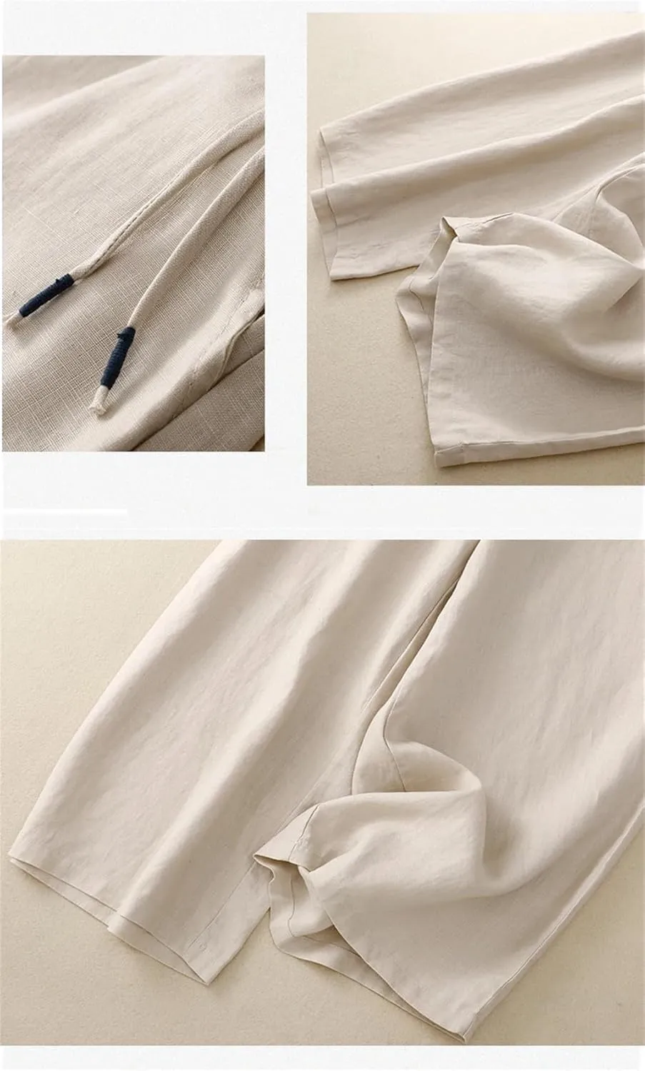 Women Vintage Summer Cotton Linen Wide-Legs Pants High Waist Casual Elastic Waist Loose Trousers