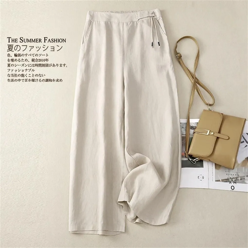 Women Vintage Summer Cotton Linen Wide-Legs Pants High Waist Casual Elastic Waist Loose Trousers