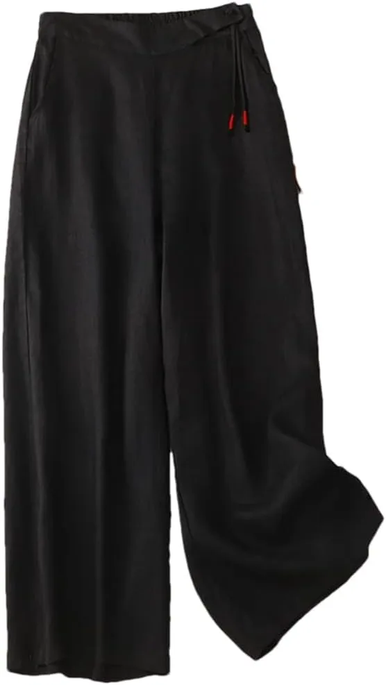 Women Vintage Summer Cotton Linen Wide-Legs Pants High Waist Casual Elastic Waist Loose Trousers