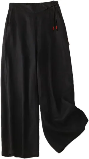 Women Vintage Summer Cotton Linen Wide-Legs Pants High Waist Casual Elastic Waist Loose Trousers