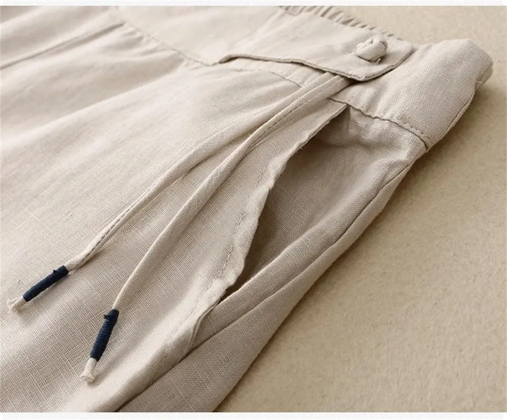 Women Vintage Summer Cotton Linen Wide-Legs Pants High Waist Casual Elastic Waist Loose Trousers