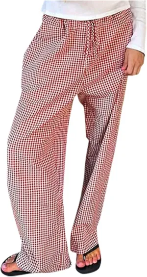 Women Y2K Plaid Pants Summer Casual Drawstring High Waist Straight Leg Trousers Gingham Lounge Pants Streetwear with Pockets