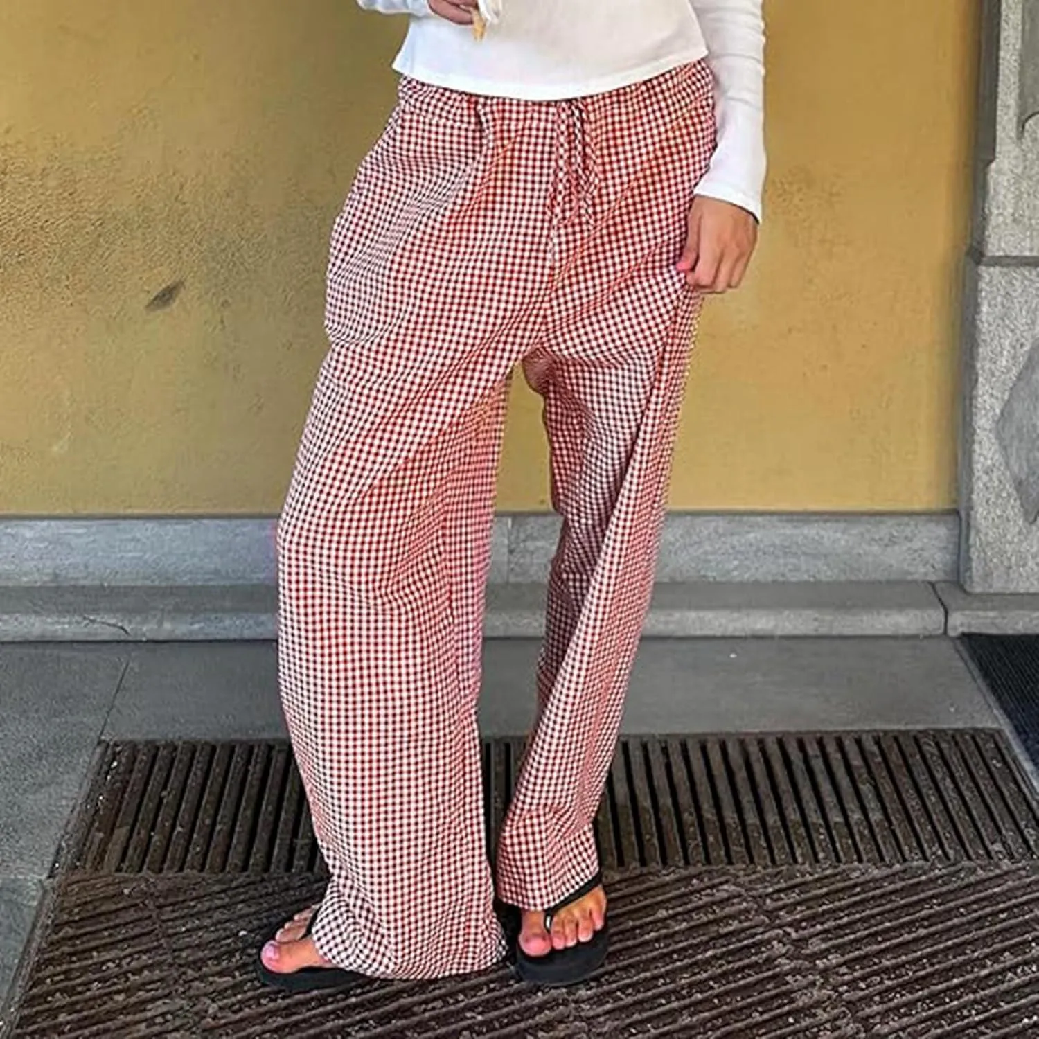 Women Y2K Plaid Pants Summer Casual Drawstring High Waist Straight Leg Trousers Gingham Lounge Pants Streetwear with Pockets