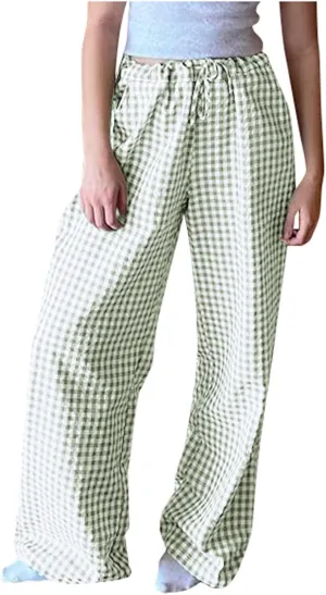 Women Y2K Plaid Pants Summer Casual Drawstring High Waist Straight Leg Trousers Gingham Lounge Pants Streetwear with Pockets