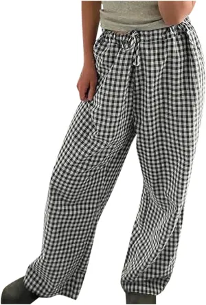 Women Y2K Plaid Pants Summer Casual Drawstring High Waist Straight Leg Trousers Gingham Lounge Pants Streetwear with Pockets