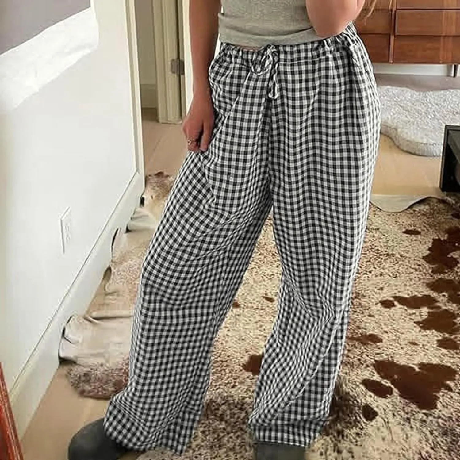 Women Y2K Plaid Pants Summer Casual Drawstring High Waist Straight Leg Trousers Gingham Lounge Pants Streetwear with Pockets