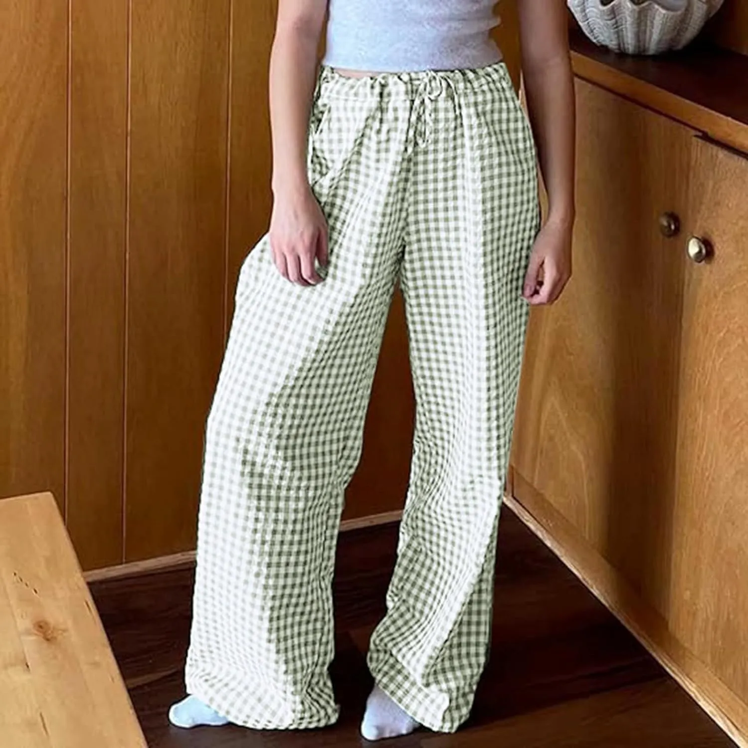 Women Y2K Plaid Pants Summer Casual Drawstring High Waist Straight Leg Trousers Gingham Lounge Pants Streetwear with Pockets